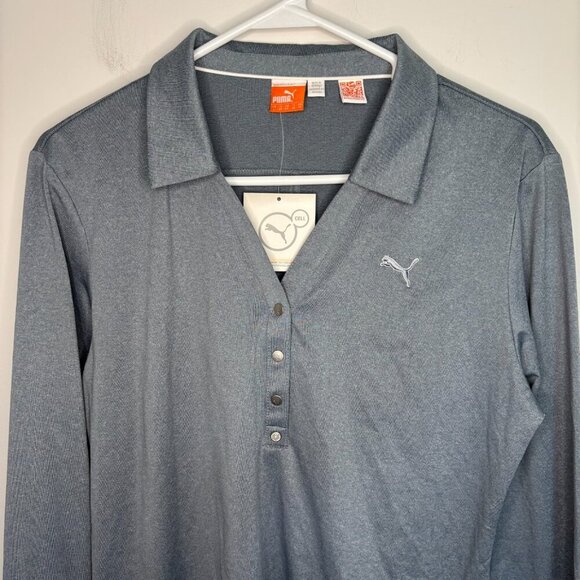 PUMA CELL NEW Collared Long Sleeve Polo Womens L Tradewinds Heather V-Neck Snaps - Picture 5 of 7